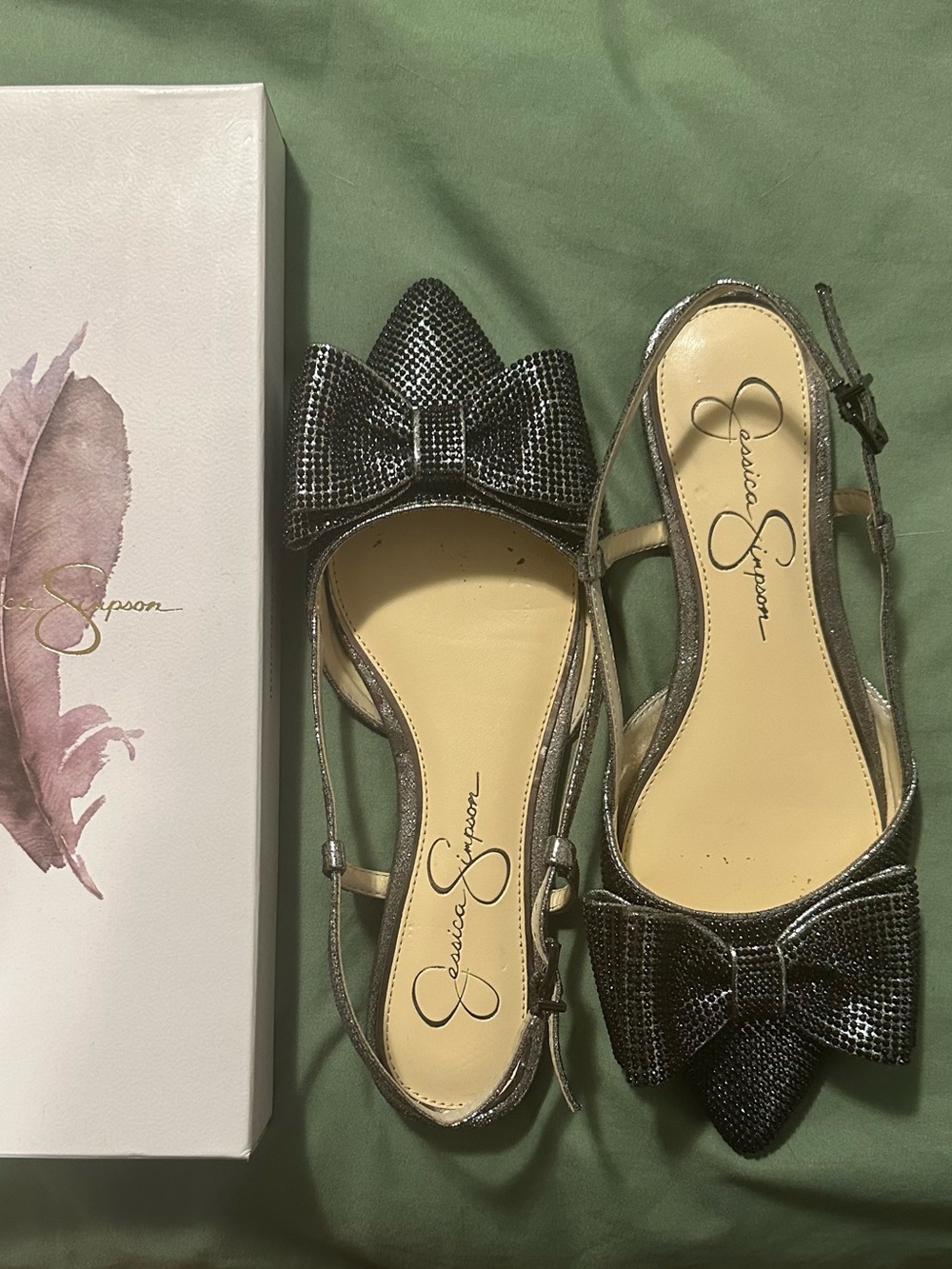Jessica Simpson Gunmetal Metallic Bow Pointed Slingback Flats